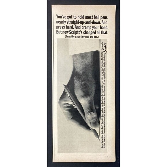 Scripto Ball Pens *We tilted the tip. Now hold your hand naturally Print Ad 1963 - Picture 3 of 3